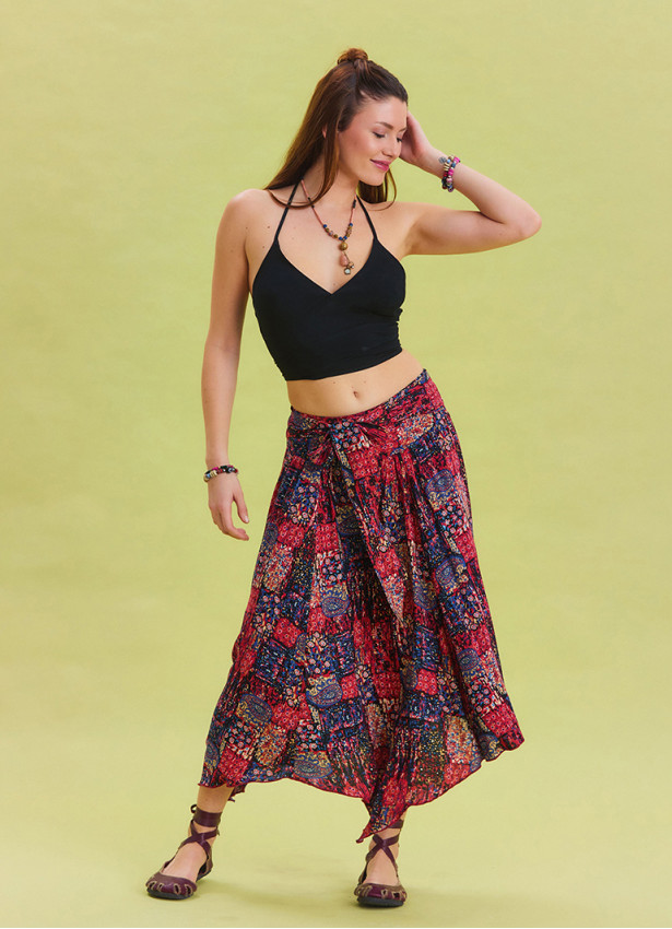 Red Casual Skirt with Gipe Detail and Tied Waist 4504